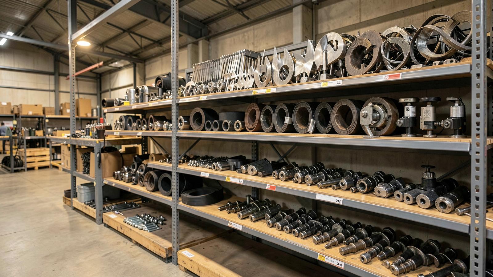 Warehouse stocked with knives, belts, and feed mixer parts